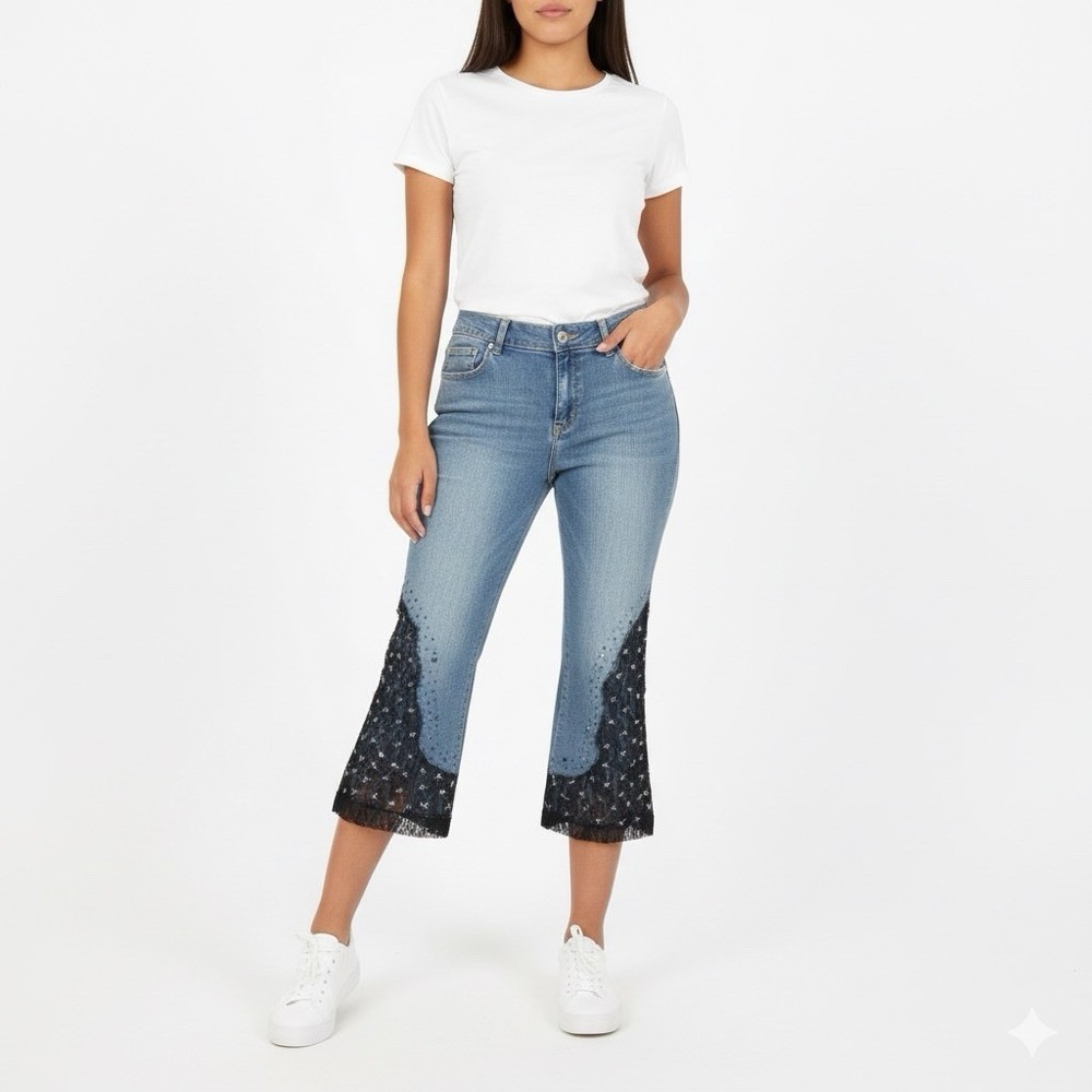 Latina Life Medium Wash Denim Embroidered Black‎ Lace Cropped Capri Jeans Sz 14